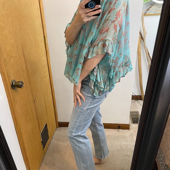 Sundance Wilde Aqua Chiffon Ruffle Loose Fit Boho Top Size Large - Picture 12 of 13